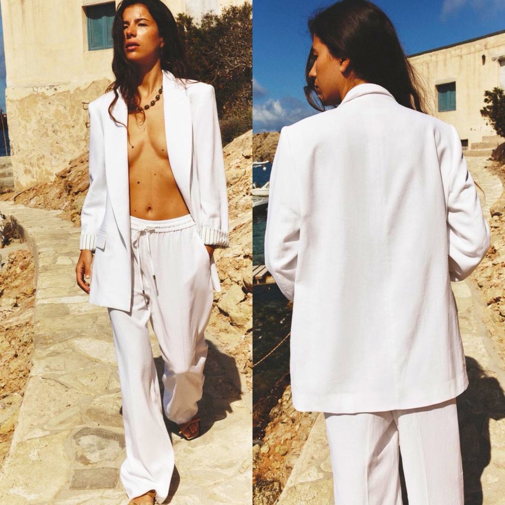 Zara LINEN BLEND ROLL-UP SLEEVE OPEN BLAZER White Size XS NEW